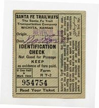Santa Fe Trailways Bus Wichita Kansas 1949 Identification Check Origin N... - $11.88