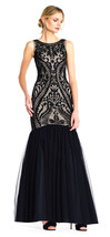 Adrianna Papell Blk/Nude TulleTrumpet Gown with Beaded Drop Waist Bodice... - £185.67 GBP