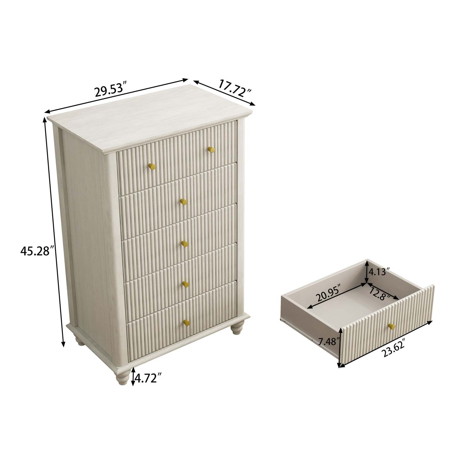 Beige Fluted 5-Drawer Dresser: Modern 45" Tall Chest of Drawers Item image 8