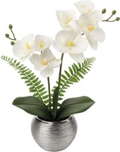 White Artificial Orchids With A Silver Ceramic Vase Are Faux Orchids For Indoor - £30.04 GBP