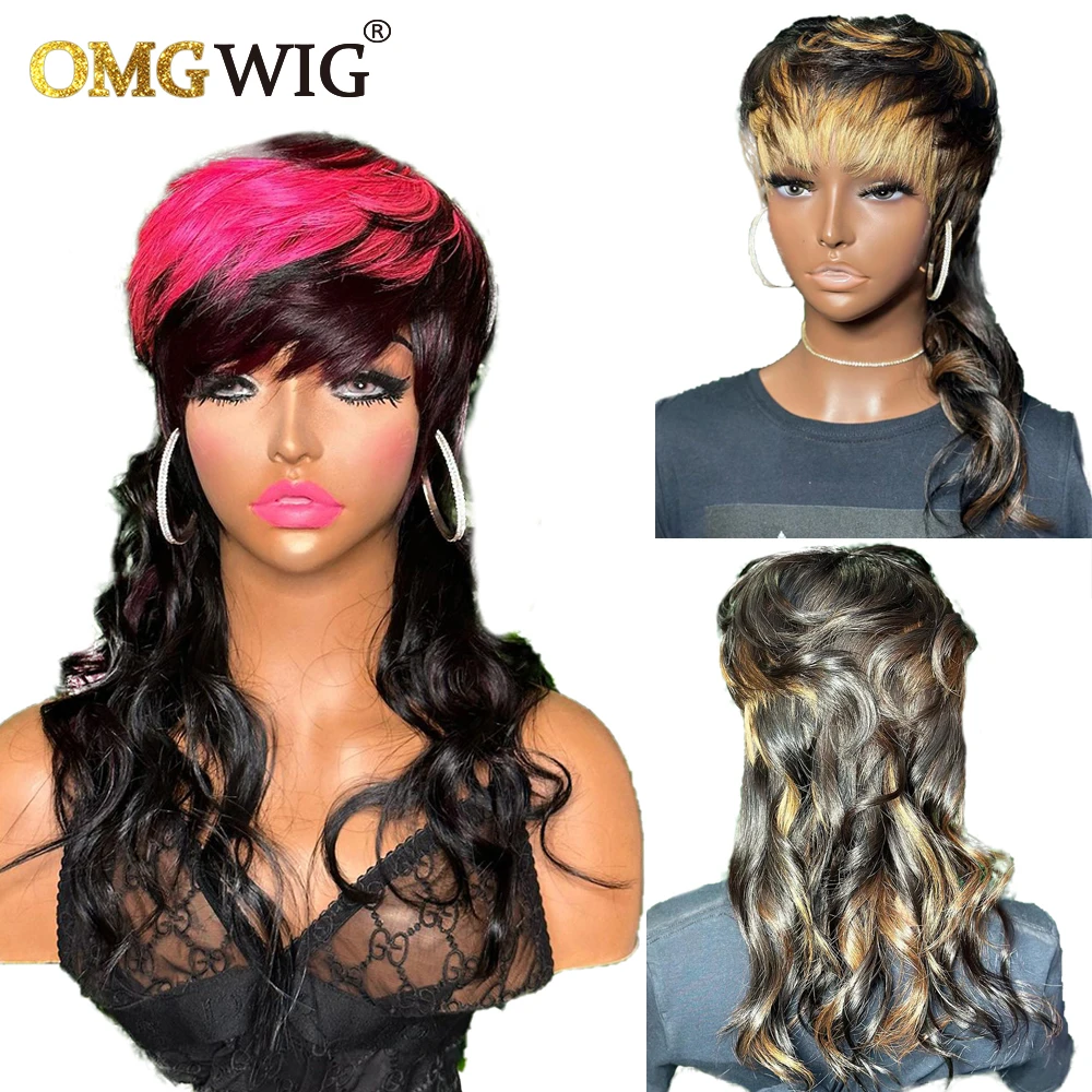 Colorful Full Machine Made Wig With Bangs Pink Indian Virgin Human Hair Wigs For - £51.79 GBP+