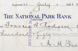 1891 Clifton Manufacturing National Park Bank Cancelled Check South Carolina - £9.68 GBP