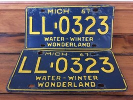 Pair Vtg Matched 1967 Michigan US Water Winter Wonderland Blue License Plates - $159.99