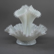 Vintage Fenton White Diamond Lace Art Glass Epergne Set  White 3 Trumpets - $89.59
