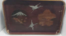 Antique Japan Red Serving Tray Silver And Gold Foil Crane Mountian - $752.94 MXN