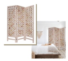 HomeRoots 376799 3 Panel Pink Room Divider with Cut Square Wood Design - £507.17 GBP