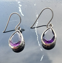 925 Sterling Silver Pear Shape 12x8mm Natural Amethyst FISH-HOOK Dangle Earrings - $58.41