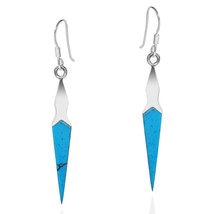Modern Slim Pointed Cone Blue Turquoise Inlay Sterling Silver Dangle Earrings - £16.45 GBP