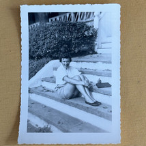 Attractive Smiling Young Woman In Shorts Stairs Amateur B&amp;W Photograph 5&quot; x 3.5&quot; - £7.74 GBP