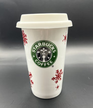 2010 Starbucks Logo Christmas Red Snowflakes Ceramic Tumbler Mug Silicone Lid - £11.74 GBP