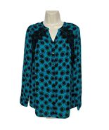 NWT Worthington Button Up Blouse Top Sm Geometric Black Blue Fringe Shou... - $12.47