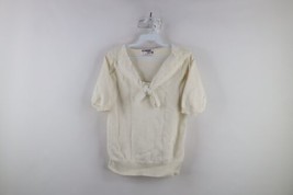Vintage 70s Womens Medium Knit Lace Pussybow Short Sleeve Sweater Cream USA - £47.33 GBP