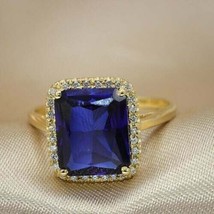 5Ct Radiant Sapphire Simulated Diamond Halo Ring 14K Yellow Gold Plated Silver - £94.95 GBP