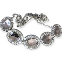 Large Oval Rhinestone Necklace Statement Silver Tone Regency Fairy Punk Witchy - $16.82