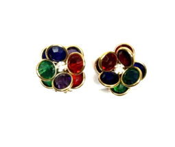 Vintage Bezel Set Swarovski Crystal Earrings Gem Tone Flower Clip On 1” - $29.00