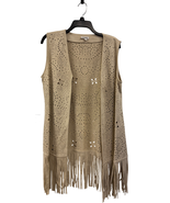 Paris Laser Cut Fringe Open Front Vest XL Beige Faux Suede western cowgirl - $40.60 CAD