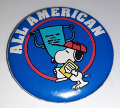 Snoopy ALL AMERICAN Trophy Baseball Pinback Button Pin Vintage - £7.79 GBP