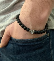 Handmade onyx gemstone unisex bracelets Happy Buddha charm elastic beaded mens  - £20.04 GBP