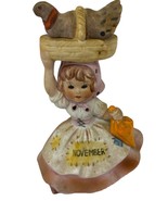 Vintage Lefton November Girl Birthday Figurine Turkey Basket Pink Dress ... - $262.42 MXN