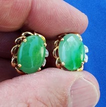 Earth mined Jade Diamond Vintage Earrings Deco Design Solid 14k Gold Setting - £1,740.20 GBP