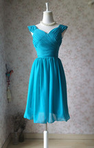 Teal-blue Midi Chiffon Dress Custom Plus Size Bridesmaid Chiffon Dress