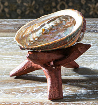Marine Natural Abalone Shell On Accent Wood Tripod Stand Jewelry Incense Holder - £16.60 GBP