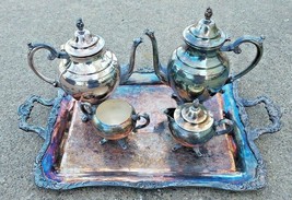 8Pcs William Rogers Silver Plated Tea Coffee Set with Large Tray  - $233.74