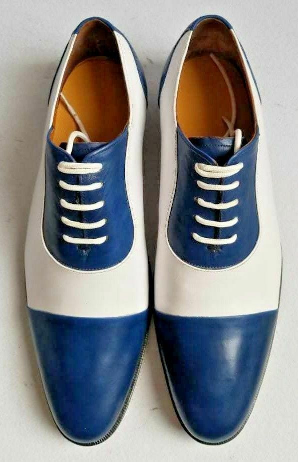 HANDMADE MEN FORMAL DRESS SHOES,TWO TONE OXFORD,BLUE & WHITE OXFORD SHOE 2019