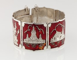Sterlingsilber Siam Thailand Orange Niello Plakette Armband Geätzt - $261.98