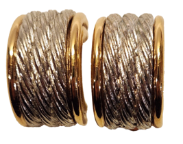 Givenchy Clip Earrings Gold Silver Tone Rope Wide Half Hoop 1980&#39;s Logo New York - £94.32 GBP