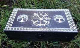 Handmade engraved wooden jewellery box Viking Vegvisir Runic Pagan Tree of Life  - £24.00 GBP