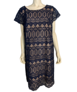 Eliza J Blue and Tan Dress Lace Overlay Short Sleeve Pencil Dress 22W - £59.98 GBP