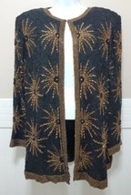 Vtg STENAY PLUS Black &amp; Gold Beaded Cardigan Jacket Embroidered Blouse Shirt Top - £60.77 GBP