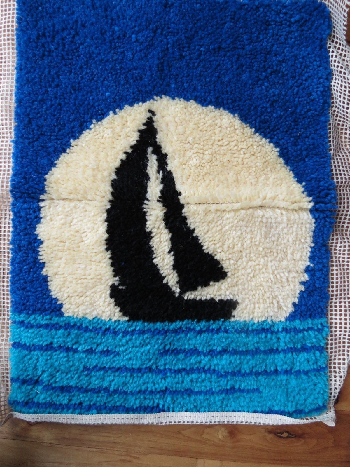 Primary image for Vtg Mid Century Wall Decor Shag latch hook RUG SAILBOAT Ocean Shore lake House