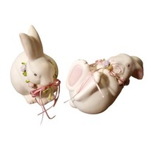 Vtg Dept 56 White Porcelain Bunny Rabbit Spring Easter Ribbon  Flowers 2 READ - £16.88 GBP