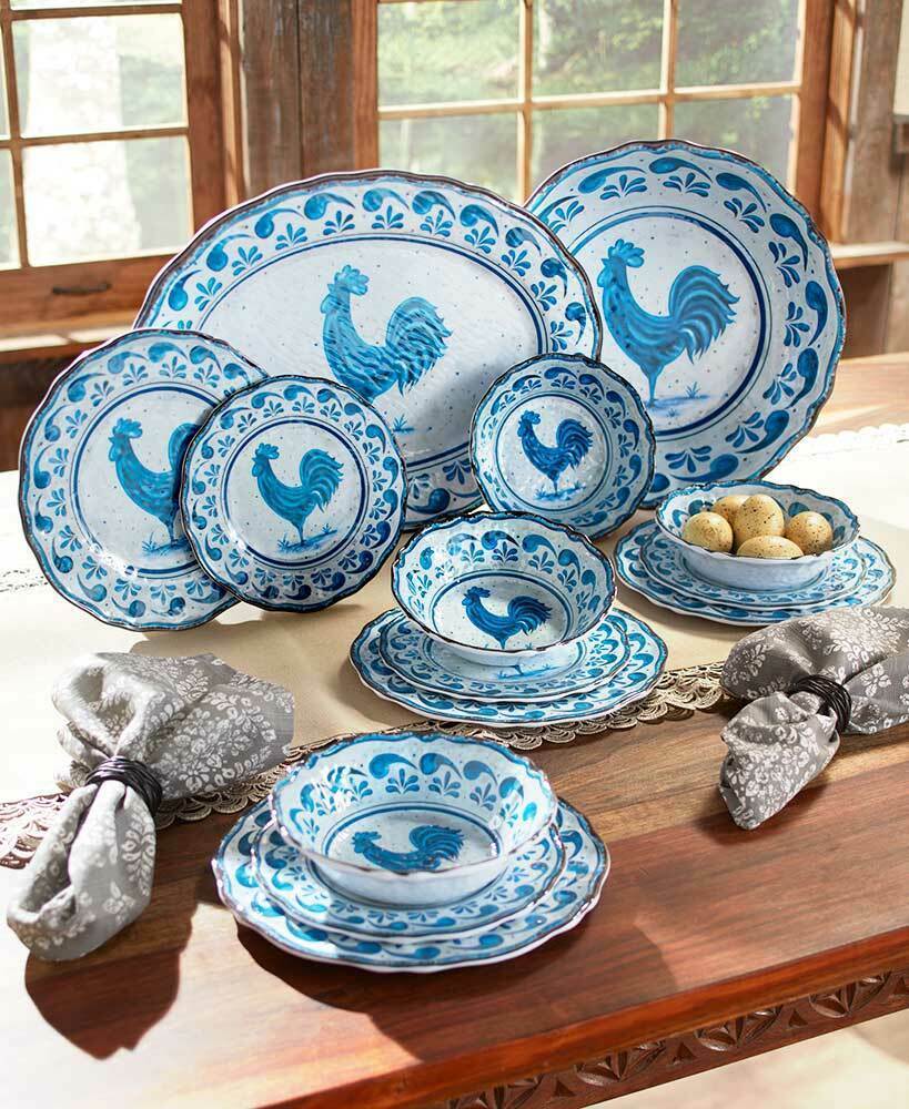 Primary image for Country Blue Farmhouse Rooster Melamine Dinnerware Dishes Plates Bowls Platter