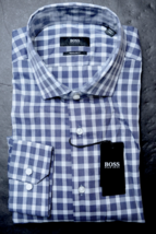 HUGO BOSS Hombre Gordon Corte Normal Azul Oscuro Cuadros Algodón Camisa 37 14.5 - £50.68 GBP