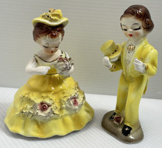 Vintage Southern Belle Dressed Girl &amp; Boy In Tails Figurine Japan Sticker Yellow - £17.44 GBP