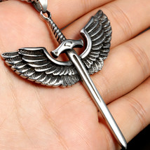 Silver Angel Wings Sword Cross Pendant Necklace Men&#39;s Punk Jewelry Chain 24&quot; - £13.32 GBP