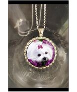 Maltese puppy lying in purple flowers silver necklace beautiful gift - $27.59 CAD
