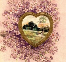 1914 Hearty Greetings Lavender Flowers Landscape Embossed Gold Accent Postcard - £7.11 GBP
