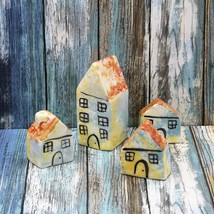 4 Pc Handmade Miniature Ceramic House Sculpture, Pottery Tiny House Hand Painted - £80.61 GBP