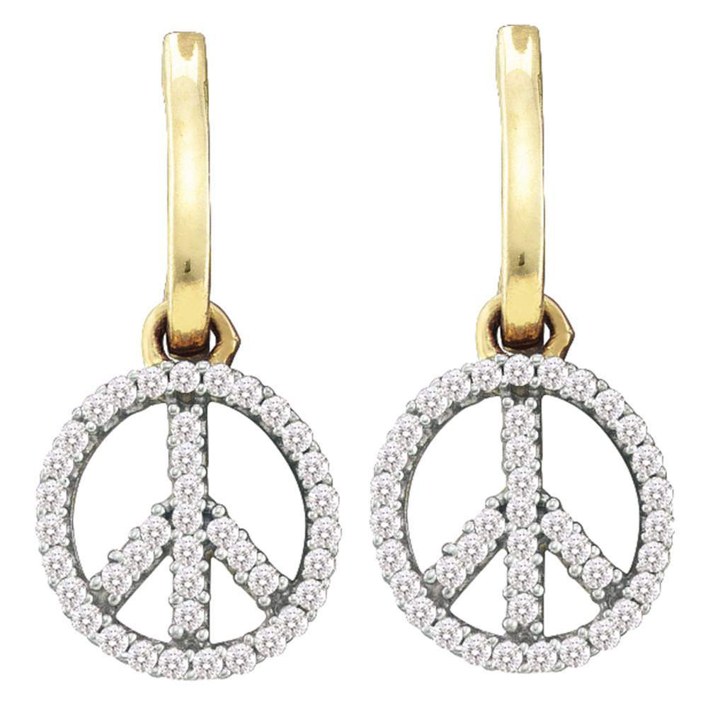 Primary image for 10k Yellow Gold Womens Round Diamond Small Peace Sign Dangle Earrings 1/4 Cttw