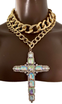 Golden Chain Aurora Borealis Rhinestones Statement Chunky Cross Pendant Necklace - £34.93 GBP