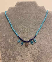 Evil eye necklace handmade beaded hand of Hamsa charm blue choker - £15.73 GBP
