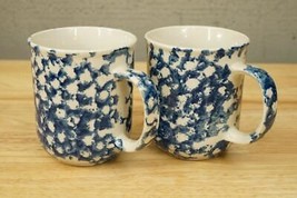 Vintage Folkcraft China 2PC Lot Coffee Mugs Blue Spongewear by Tienshan Hearts - £19.83 GBP