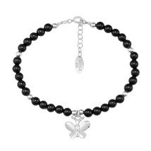 Charming Peace Butterfly Round Black Onyx Gemstone Sterling Silver Bracelet - $18.01