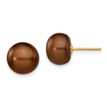 14k 9-10mm Brown Button Freshwater Cultured Pearl Stud Post Earrings X90BC - £61.94 GBP