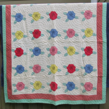 95% HAND SEWN QUILT vintage antique quilt Handmade Cotton 74 x 62 flower roses - $229.06