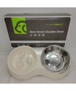 Slow Down Double Dish Pet Food Water Bowls Feeder Cream Beige Color - £8.62 GBP